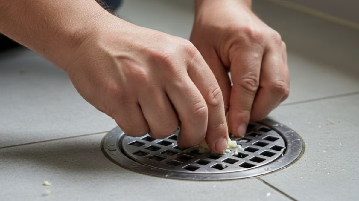 Een man wrijft knoflook over het rooster in huis.