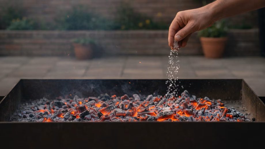 Een man strooit zout op de kolen in de barbecue.